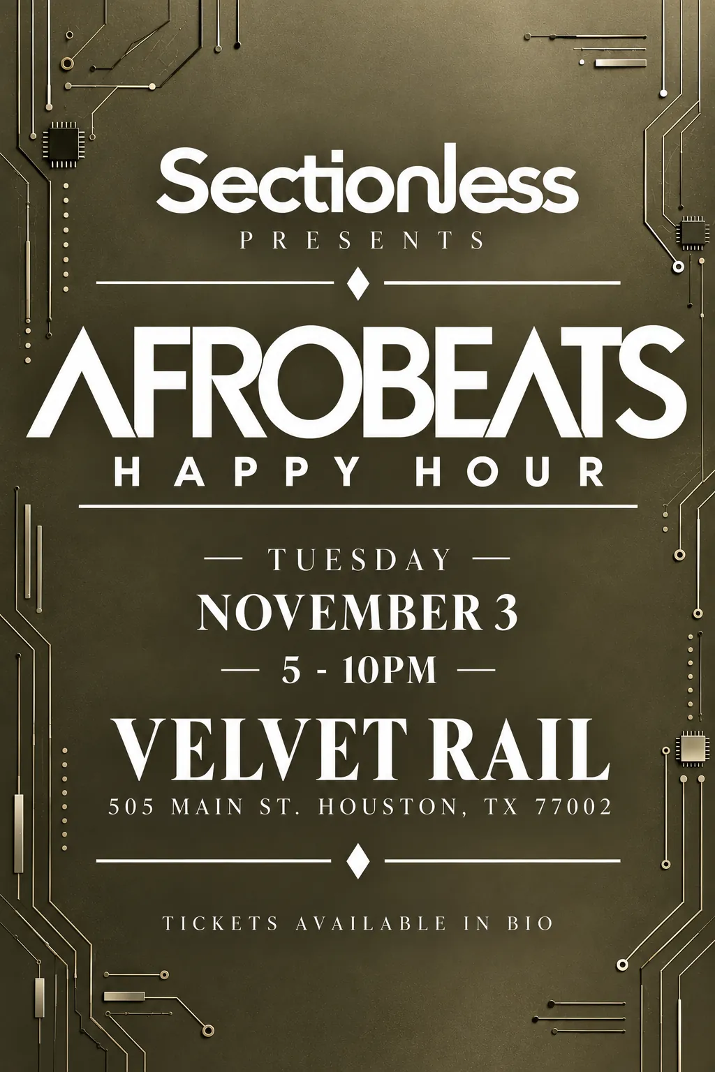Afrobeats Happy Hour flyer, Tuesday, November 3, Velvet Rail Houston