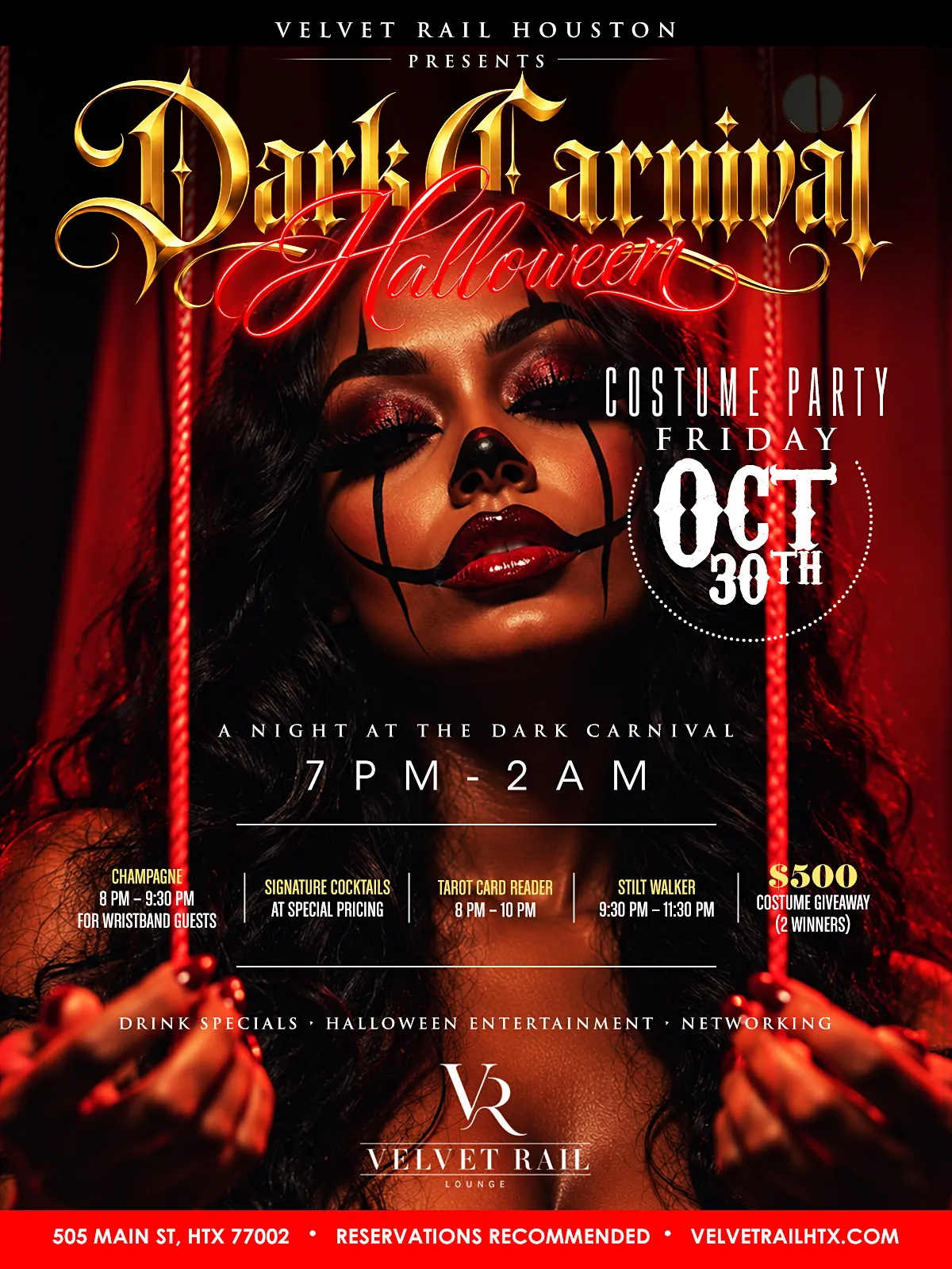 Dark Carnival Halloween costume party flyer, Friday, October 30, Velvet Rail Houston