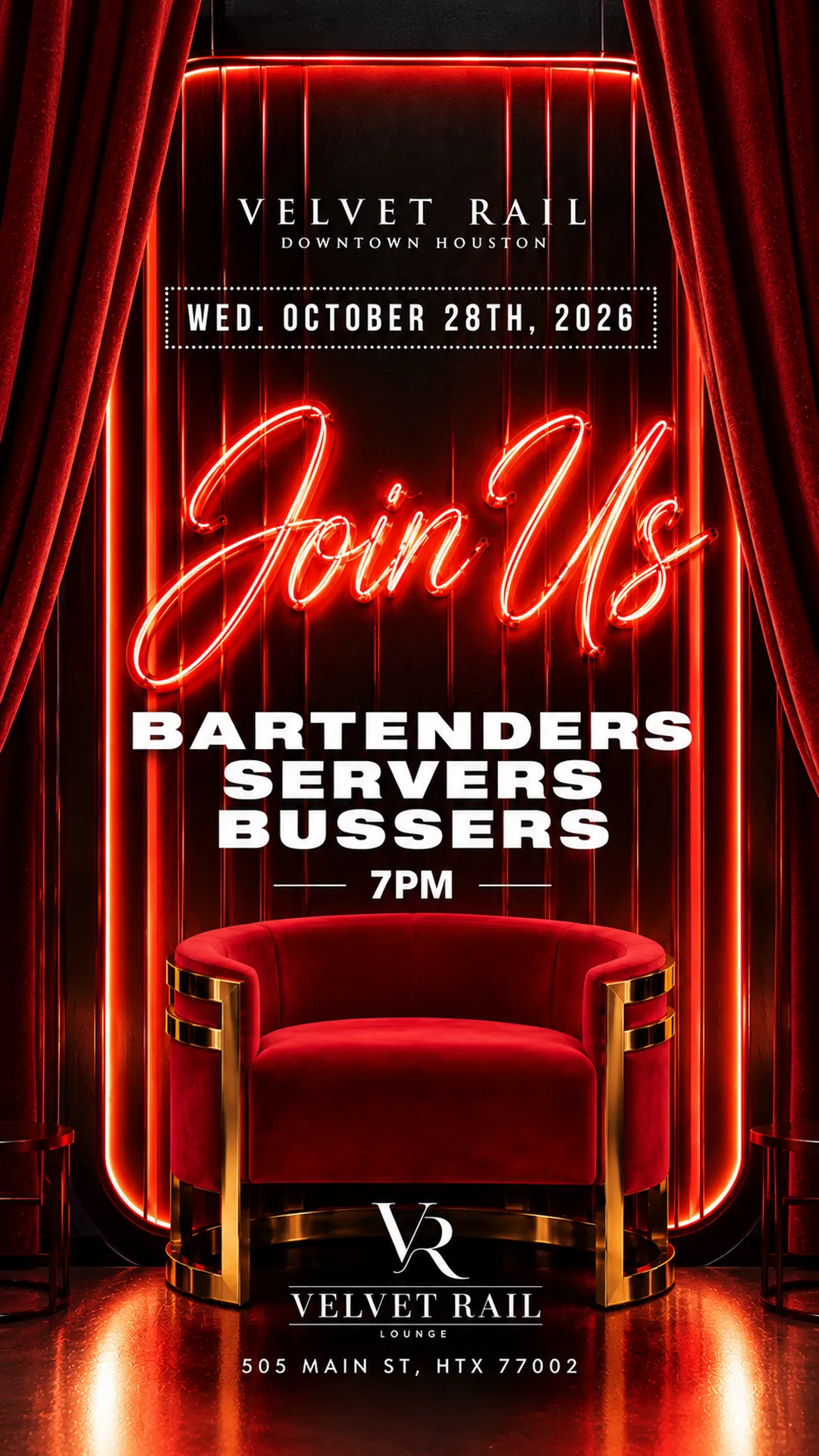 Join Us: open call for bartenders, servers and bussers, Wednesday, October 28, 7 PM, Velvet Rail Houston